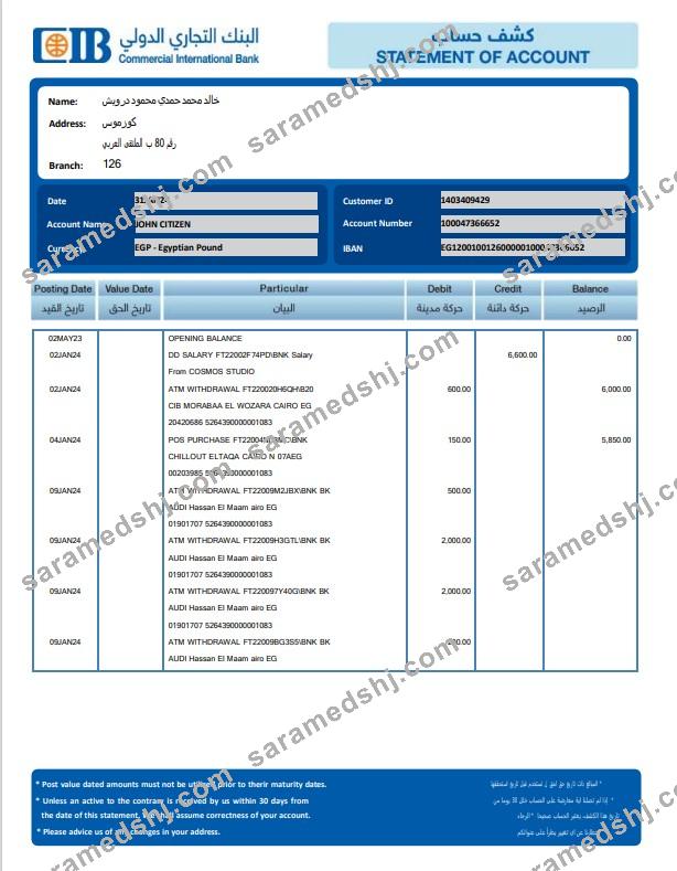 EGYPT CIB bank statement template, Word and PDF format
